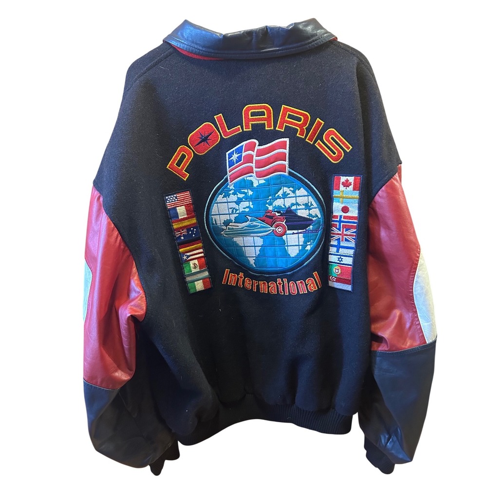 Vintage‎ Polaris International Wool Leather Varsity Racing Jacket XXL Black Red